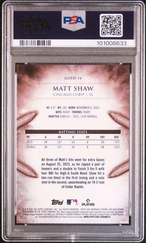 Mlb 2024 Bowman Chrome Matt Shaw /5 Psa 10