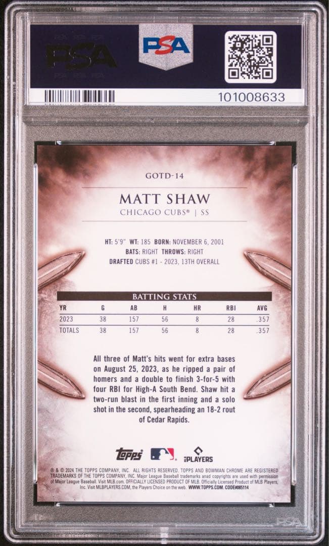 Mlb 2024 Bowman Chrome Matt Shaw /5 Psa 10