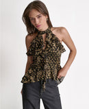 Long Sleeve Bcbg Womens Printed Ruffle Halter Neck Top French Sand