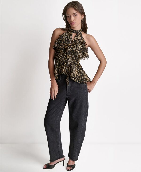 Long Sleeve Bcbg Womens Printed Ruffle Halter Neck Top French Sand