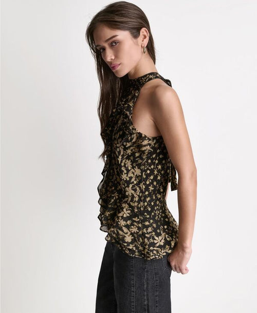 Long Sleeve Bcbg Womens Printed Ruffle Halter Neck Top French Sand