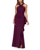 Long Sleeves, Three Quarter Sleeve Aqua Scuba Ruffle Halter Gown Exclusive Wine