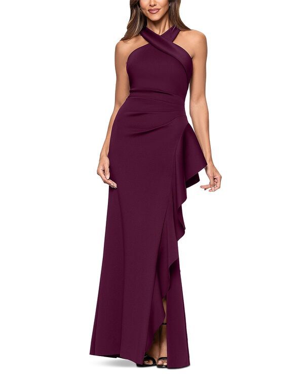 Long Sleeves, Three Quarter Sleeve Aqua Scuba Ruffle Halter Gown Exclusive Wine