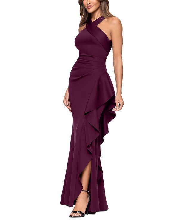 Long Sleeves, Three Quarter Sleeve Aqua Scuba Ruffle Halter Gown Exclusive Wine
