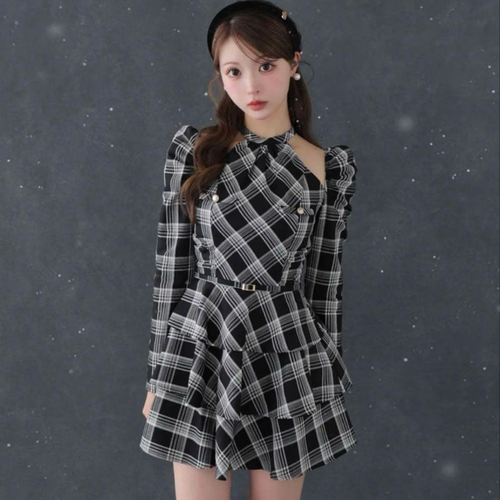 Long Sleeves, Three Quarter Sleeve Halter Check Mini Onepiece