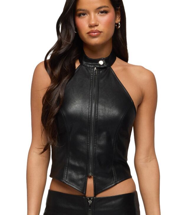 Long Sleeve Edikted Womens Diana Zip Up Faux Leather Halter Top Black