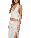 Long Sleeve Edikted Greer Tie Front Halter Top White