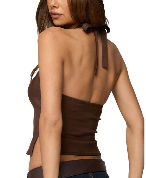 Long Sleeve Ediktedara Halter Top Darkbrown