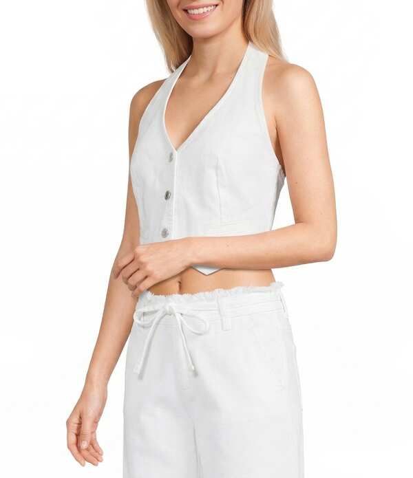 Gb Long Sleeve Gbutton Front Halter Denim Vest White