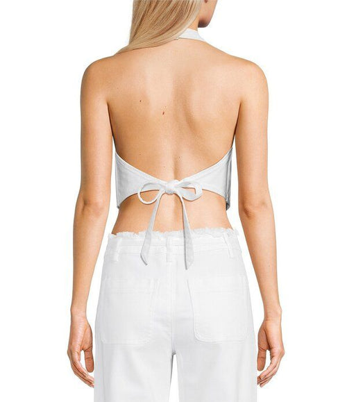 Gb Long Sleeve Gbutton Front Halter Denim Vest White