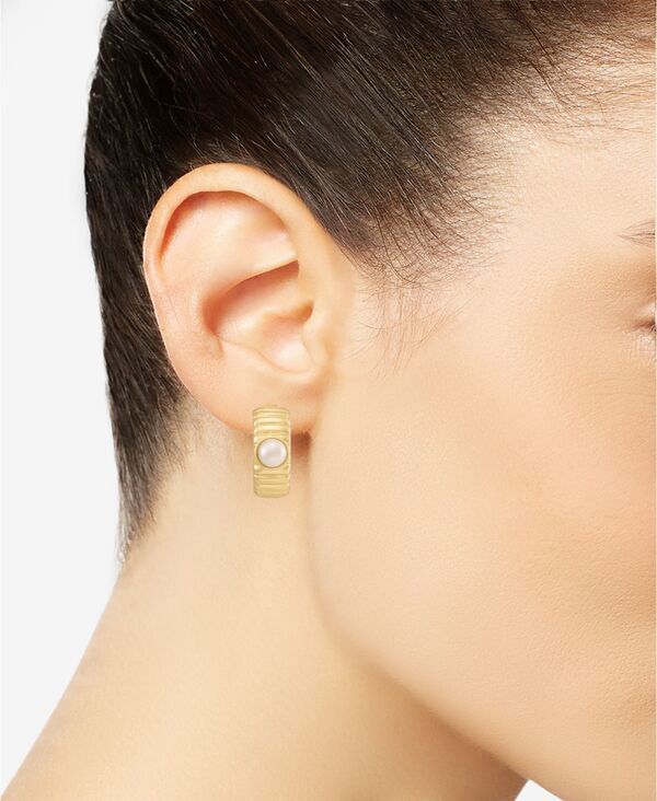 Anne Klein Earrings (For Both Ears) Goldtone Omega Imitation Pearl Hoop Ez