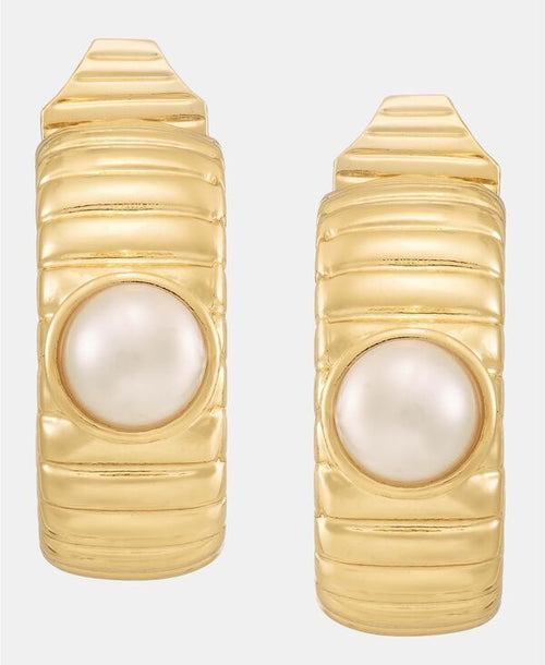 Anne Klein Earrings (For Both Ears) Goldtone Omega Imitation Pearl Hoop Ez