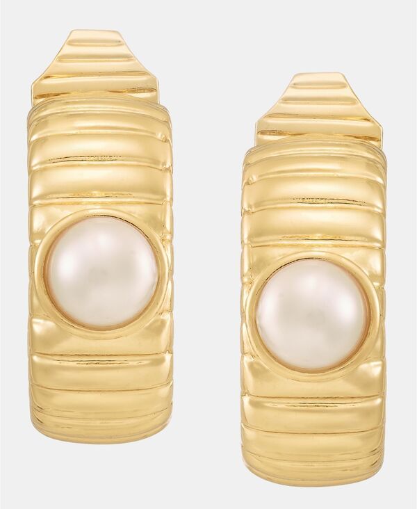 Anne Klein Earrings (For Both Ears) Goldtone Omega Imitation Pearl Hoop Ez