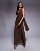 Others Tfnc Halter Neck Maxi Dress With Open Back In Chocolate Mesh