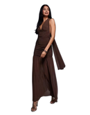 Others Tfnc Halter Neck Maxi Dress With Open Back In Chocolate Mesh