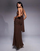 Others Tfnc Halter Neck Maxi Dress With Open Back In Chocolate Mesh