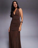 Others Tfnc Halter Neck Maxi Dress With Open Back In Chocolate Mesh