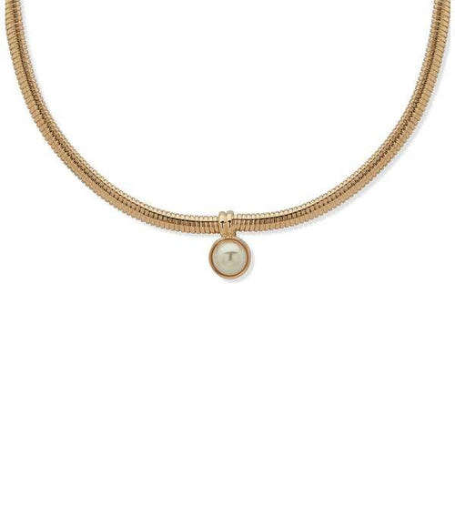 Anne Klein Necklace Gold Tone Omega Chain Pearl Pendant Collar G