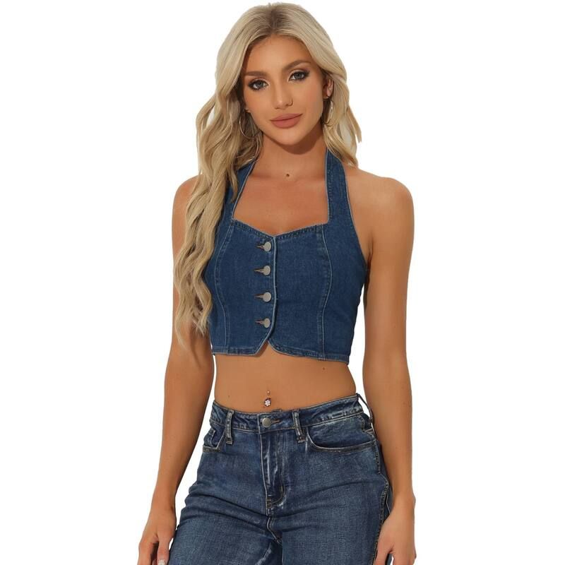 Short Sleeve (T -Shirt) Allegra K Denim Crop Top For Women Sleeveless Button