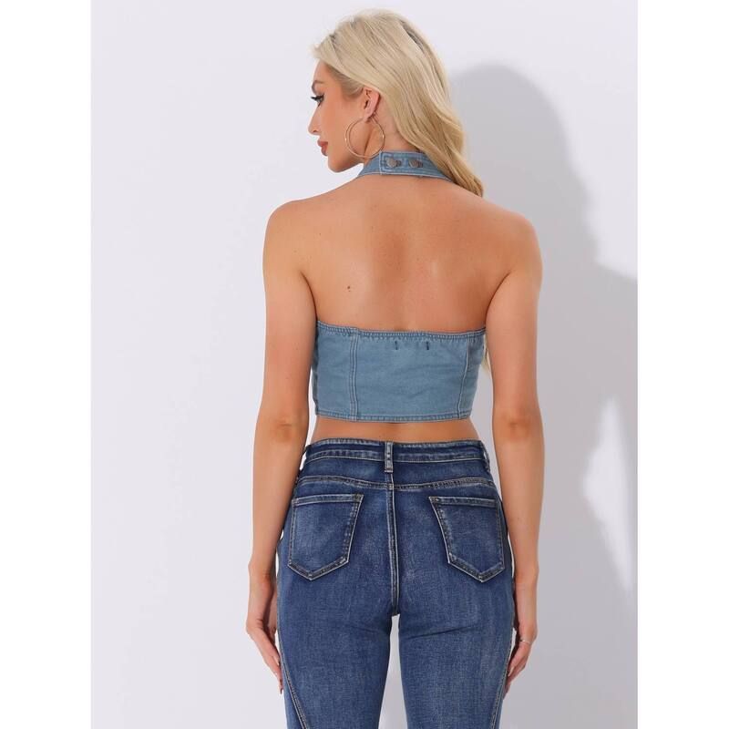 Short Sleeve (T -Shirt) Allegra K Denim Crop Top For Women Sleeveless Button