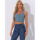 Short Sleeve (T -Shirt) Allegra K Denim Crop Top For Women Sleeveless Button