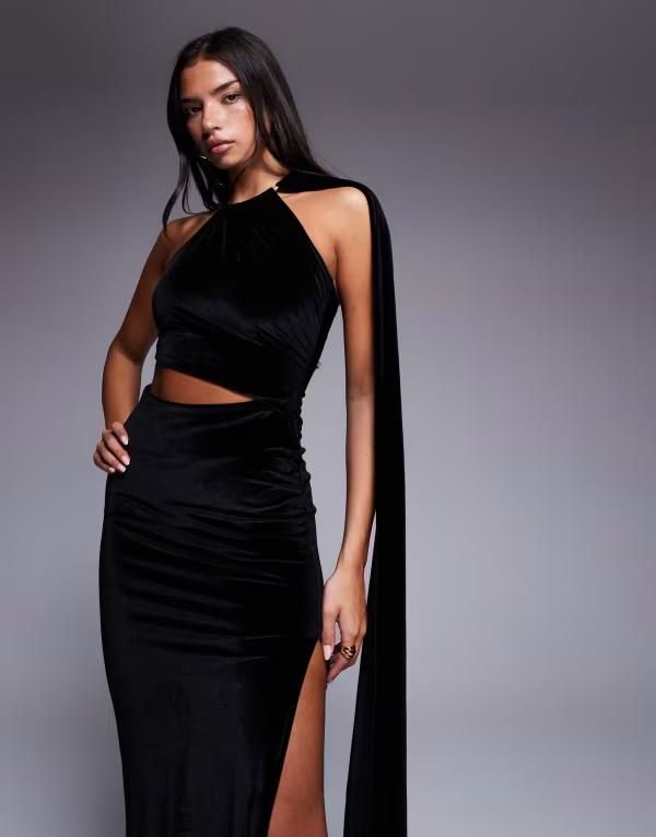 Others Asos Design Halterneck Velvet Drape Maxi Dress Wi