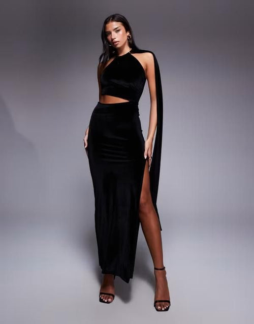 Asos Others Design Halterneck Velvet Drape Maxi Dress Wi