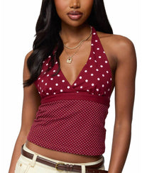 Long Sleeve Edikted Ginny Mixed Polka Dot Halter Top Burgundy