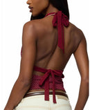 Long Sleeve Edikted Ginny Mixed Polka Dot Halter Top Burgundy