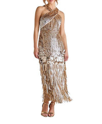 Long Sleeves, Three Quarter Sleeve Coast Gold Sequin Tassel Halter Neck Dress