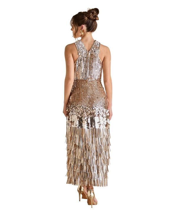 Long Sleeves, Three Quarter Sleeve Coast Gold Sequin Tassel Halter Neck Dress