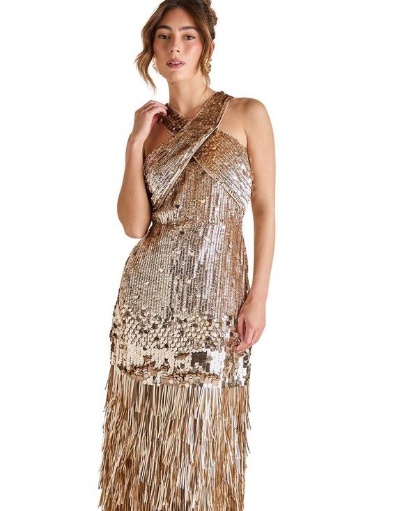Long Sleeves, Three Quarter Sleeve Coast Gold Sequin Tassel Halter Neck Dress