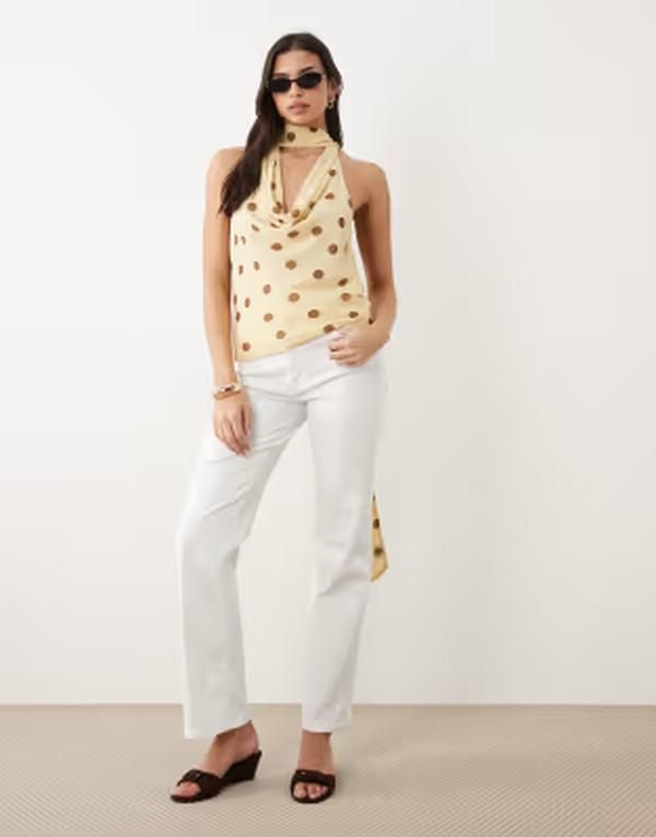 Long Sleeve Gina Tricot Halterneck Scarf Top In Yellow Polka Dot Polk