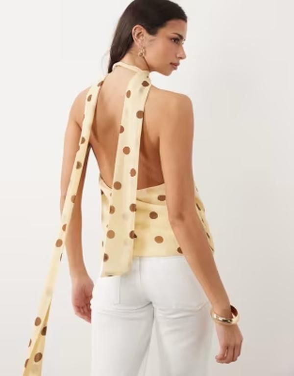 Long Sleeve Gina Tricot Halterneck Scarf Top In Yellow Polka Dot Polk