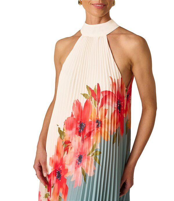 Adrianna Papell Long Sleeves, Three Quarter Sleeve Floral Print Halter Ne