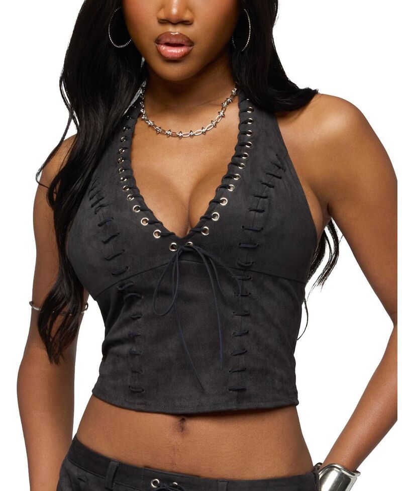 Long Sleeve Edikted Sloane Faux Suede Halter Top Darkgray