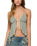Long Sleeve Edikted Safi Backlessplit Front Halter Top Olive
