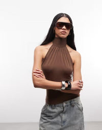 Short Sleeve (T -Shirt) Weekday Halterneck Top With Open Back In Dark Brown