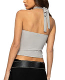 Long Sleeve Edikted Alizee Belt Detail Halter Top Light Gray