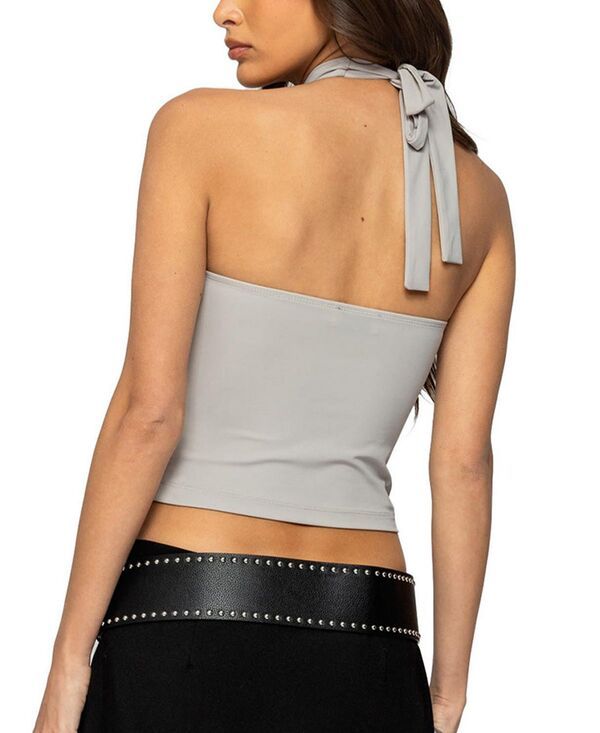 Long Sleeve Edikted Alizee Belt Detail Halter Top Light Gray