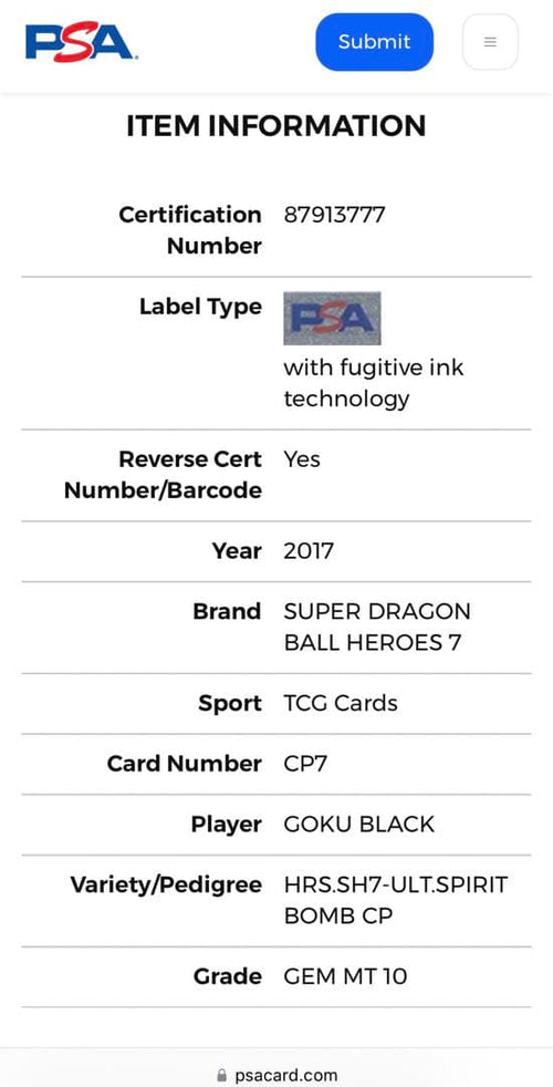 Super Dragon Ball Heroes 6 Psa10 2017