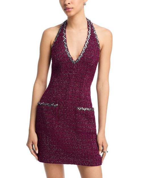 Long Sleeves, Three Quarter Sleeve Aqua Tweed Halter Mini Dress Exclusive
