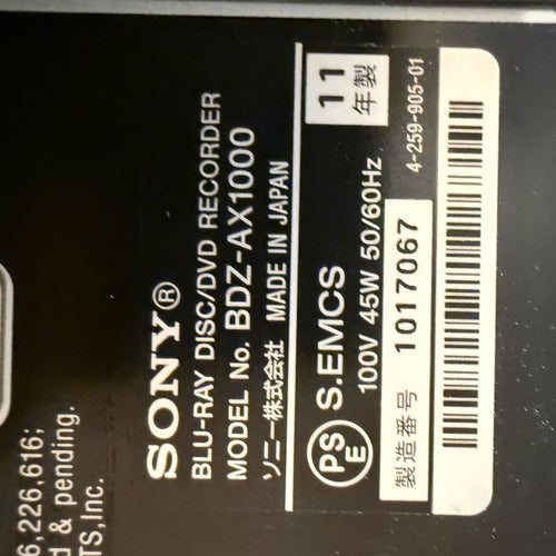 Sony Dvd Recorder Blu-Ray Bdz-Ax1000