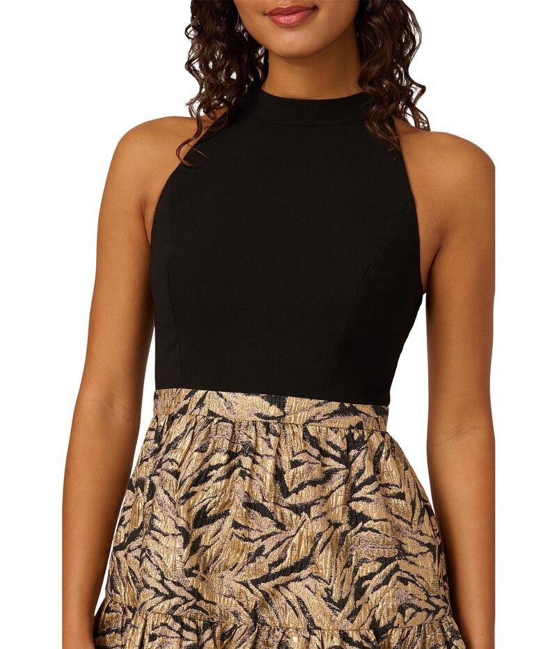Adrianna Papell Long Sleeves, Three Quarter Sleeve Halter Party Dress Blackgold