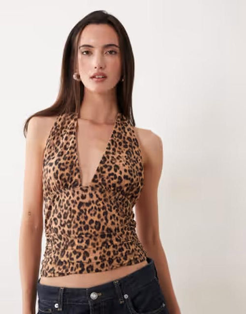 Long Sleeve Misselfridge Halter Neck Top In Leopard Print