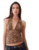 Long Sleeve Misselfridge Halter Neck Top In Leopard Print