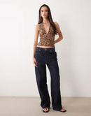 Long Sleeve Misselfridge Halter Neck Top In Leopard Print