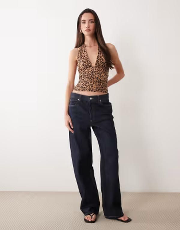 Long Sleeve Misselfridge Halter Neck Top In Leopard Print