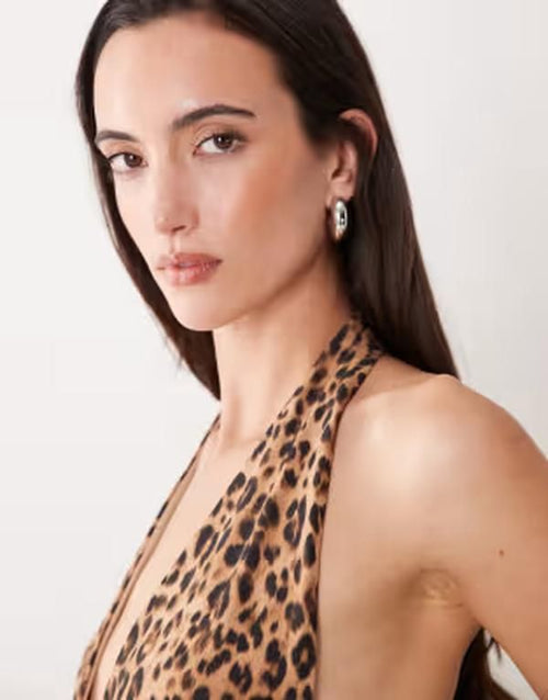 Long Sleeve Misselfridge Halter Neck Top In Leopard Print