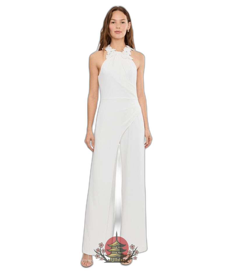 Long Sleeves, Three Quarter Sleeve Adrianna Papell Rosette Halter Jumpsuit Ivory